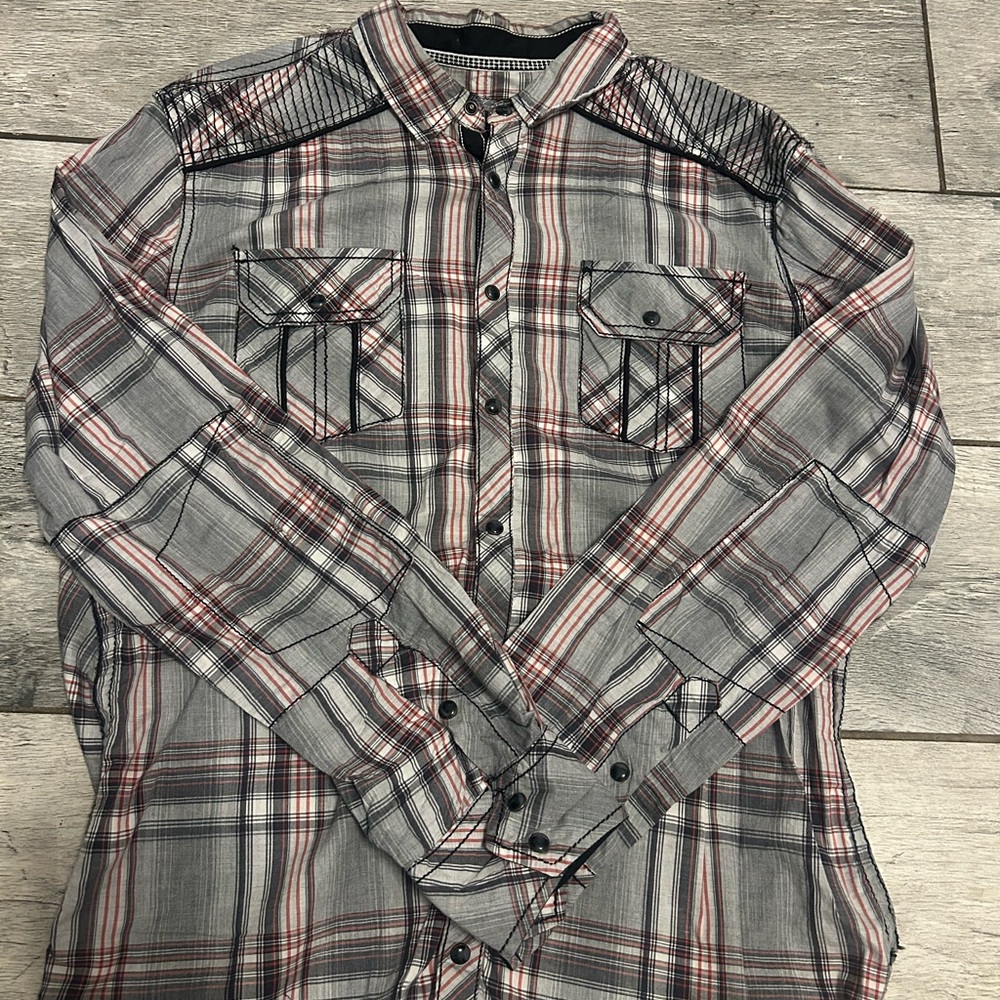 Buckle Black Men's Plaid Button-Down Shirt in Gray, Red and Black